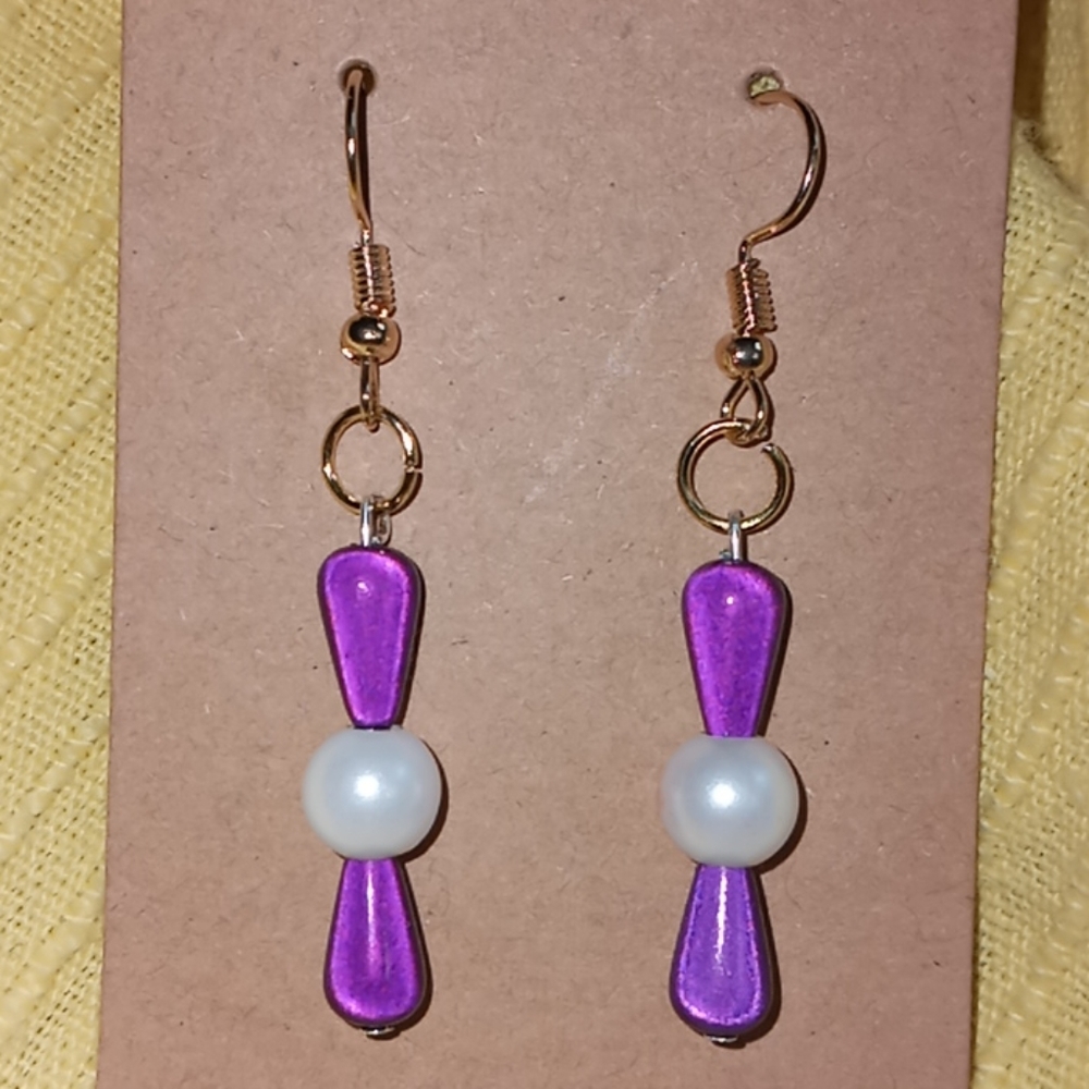 New pearl and purple beaded statement drop earrings hand crafted